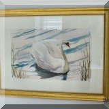 A06. Framed swan watercolor signed J. Hawk. 25”h x 32”w 